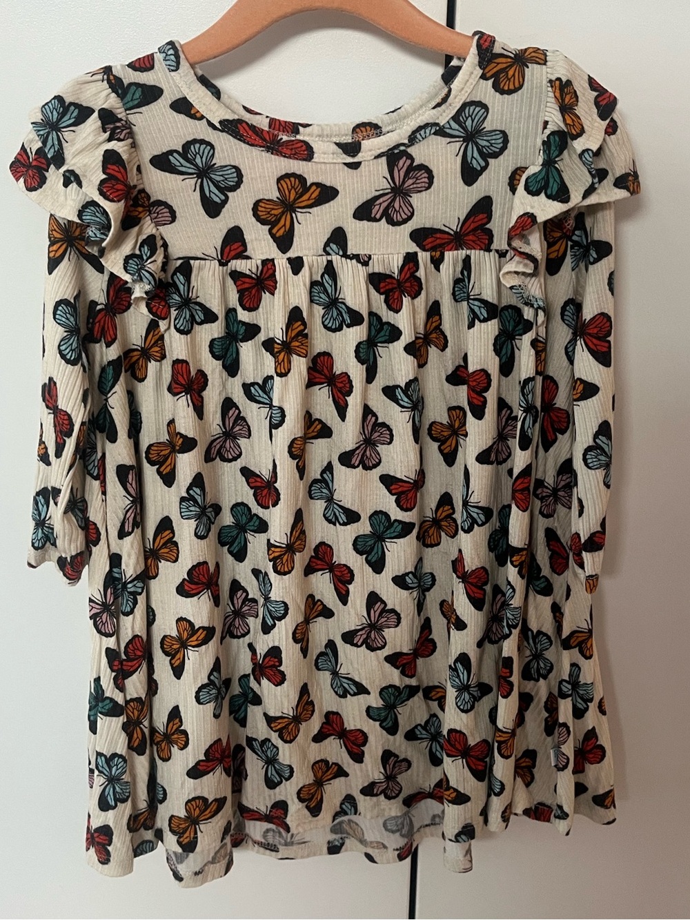 Posh Peanut Cream Butterfly Print Long Sleeve flowy dress